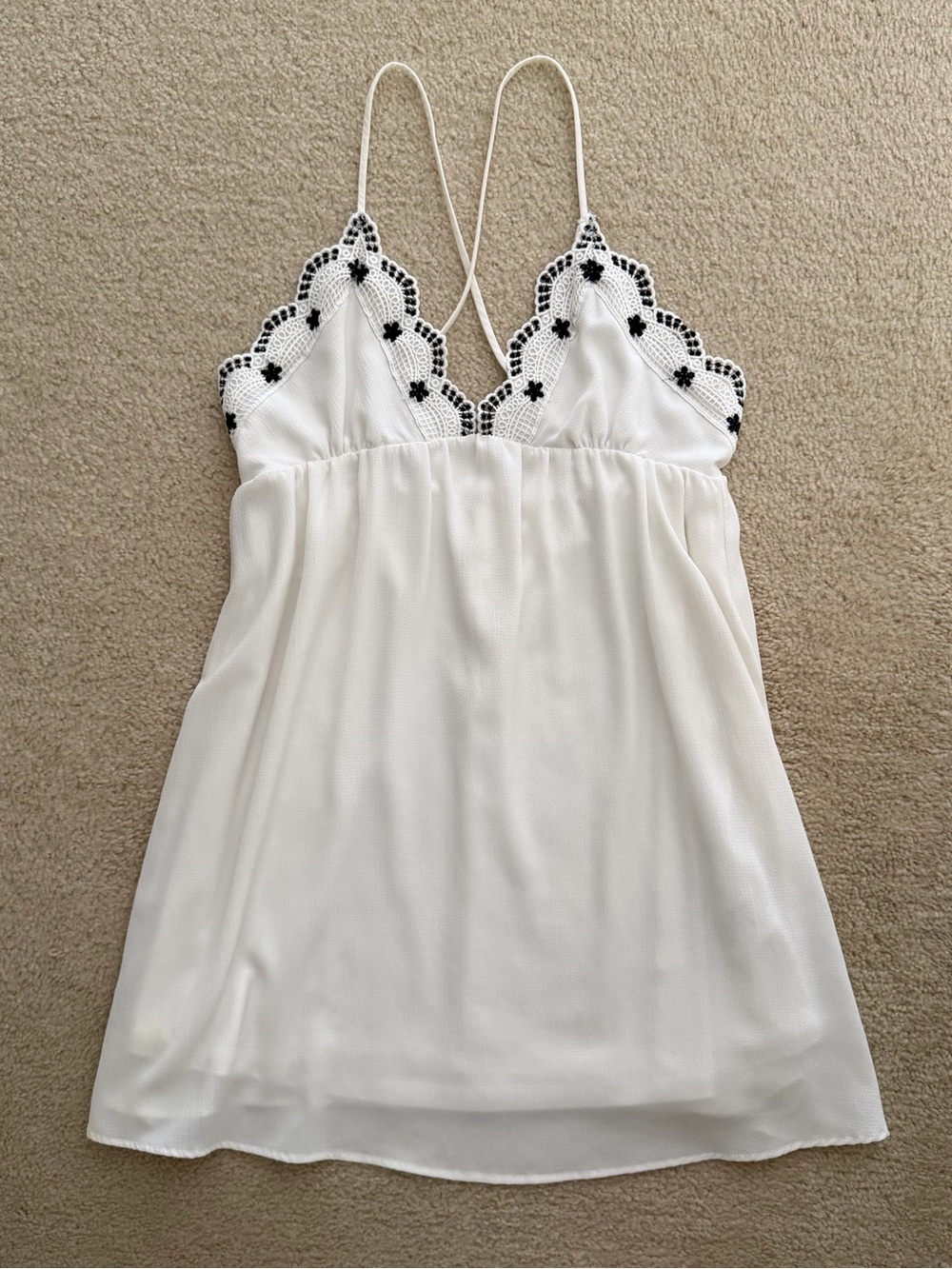 Ecoté White Babydoll Mini Dress with Crochet Blue Floral Embroidery - Size XS
